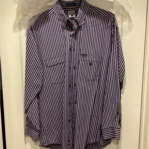 Faconnable Men's Blue and White Striped Button-Down Shirt